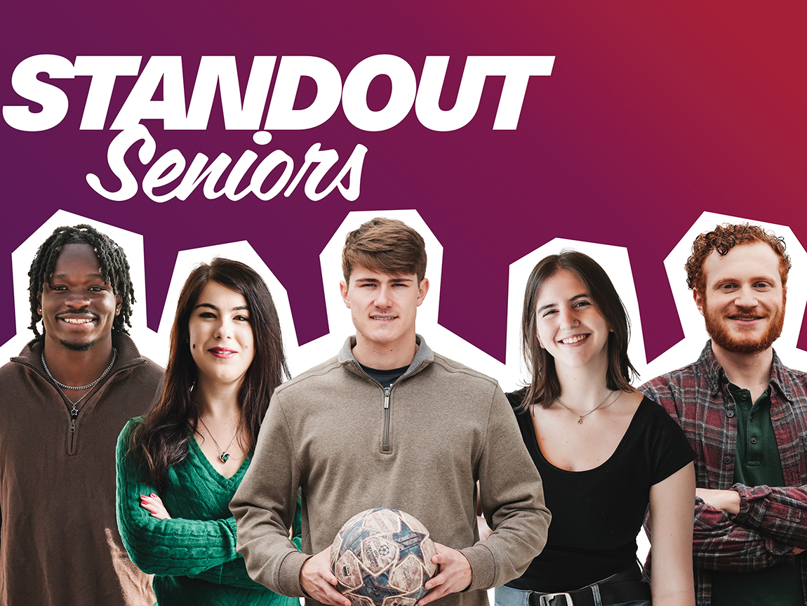 A collage image of portraits of five different college students on a purple and red gradient background with the words STANDOUT SENIORS in white